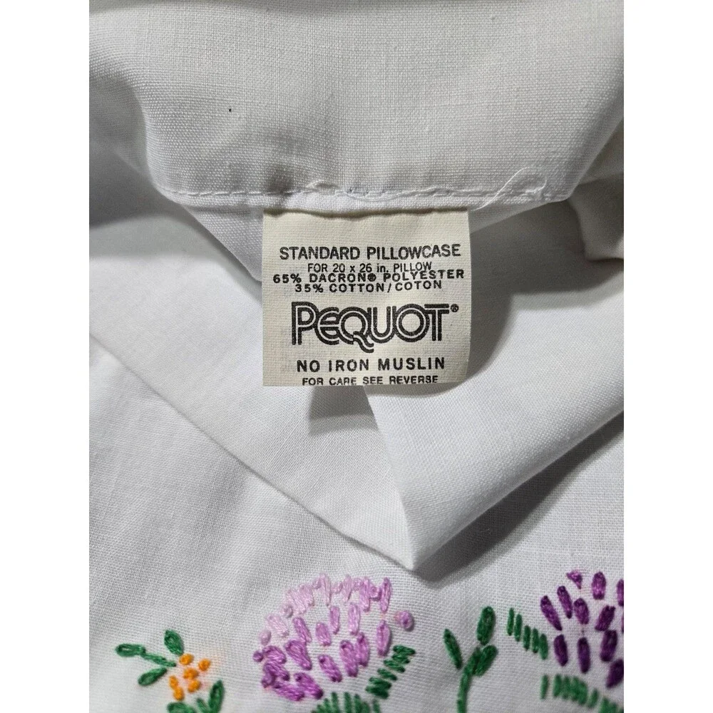 Vtg Floral Hand-Embroidered 2 Pillowcases Cross stitched White Grandmacore Chic
